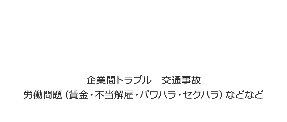 企業間トラブル　交通事故 労働問題（賃金・不当解雇・パワハラ・セクハラ）などなど